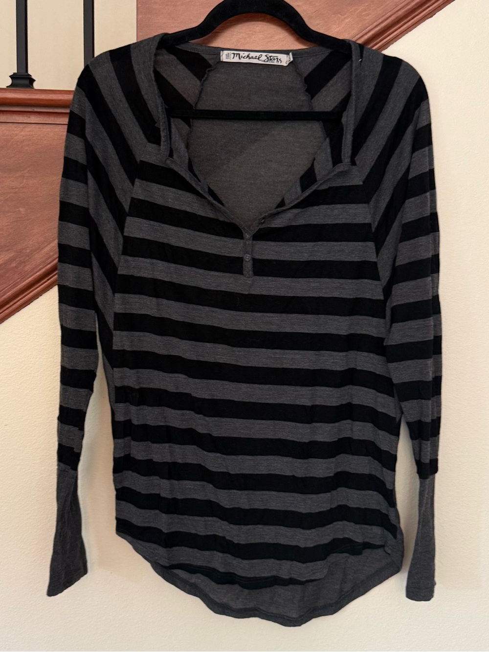 Michael Stars Black and Gray Striped Long-Sleeve Henley